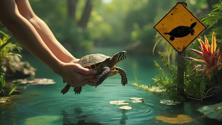 releasing turtle into pond